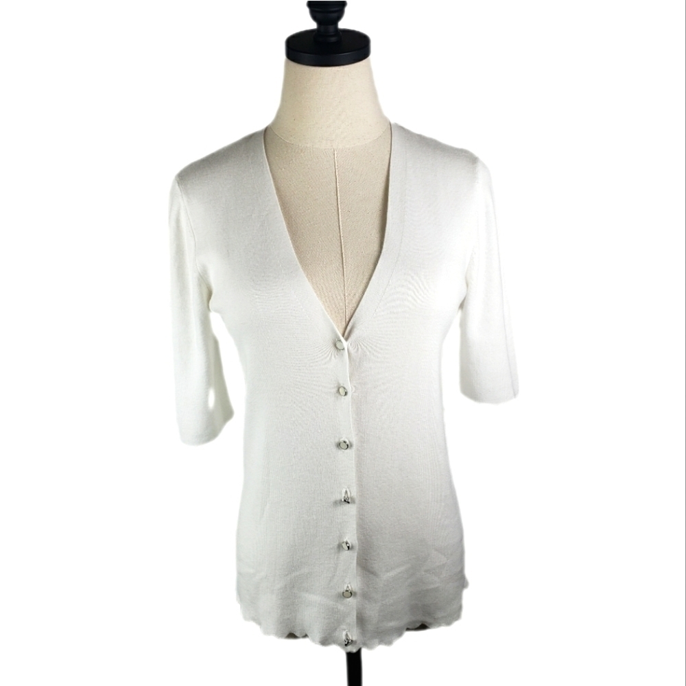TALBOTS V-Neck Short Sleeve Button Down Cardigan Soft White Size XS